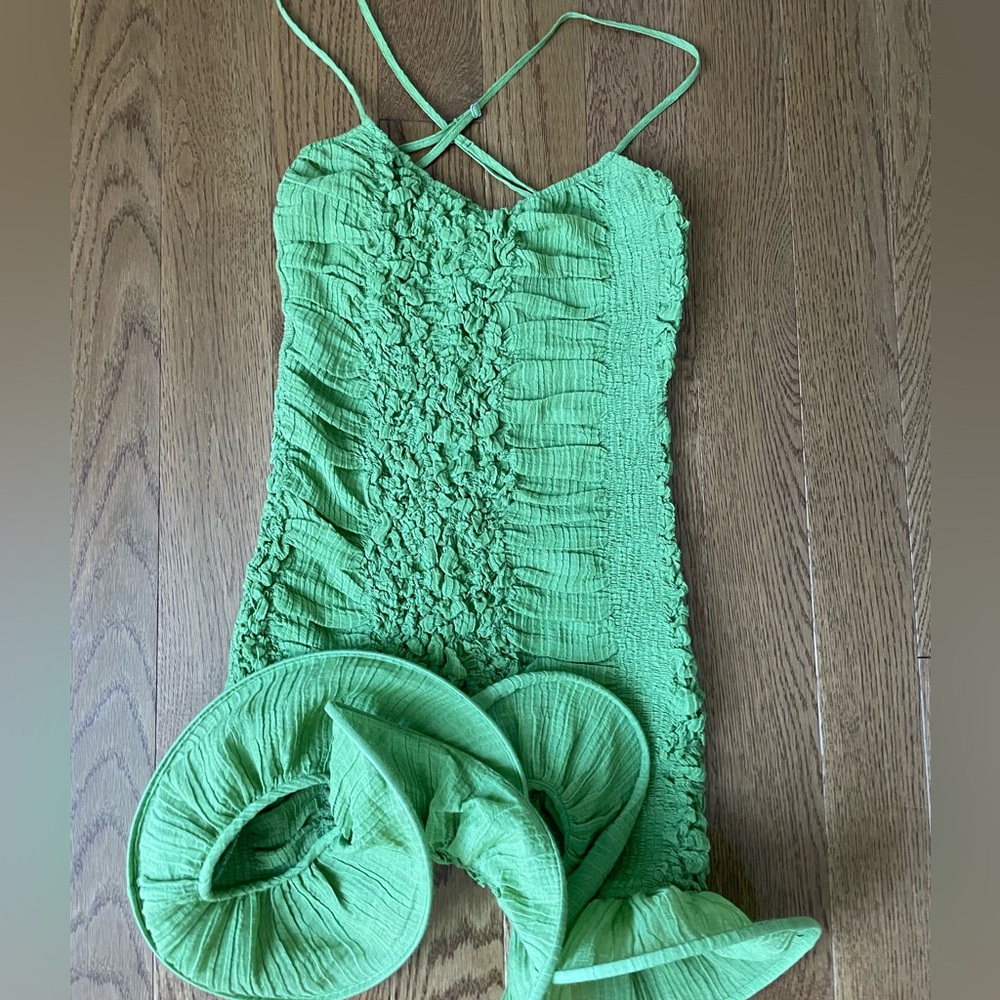 Green Ruched Mini Dress with Ruffle Hem - Picture 9 of 13